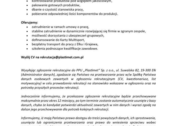 Grajewo ogłoszenia: Przedsiębiorstwo Produkcyjno- Usługowe PLASTIMET Sp. z o.o....